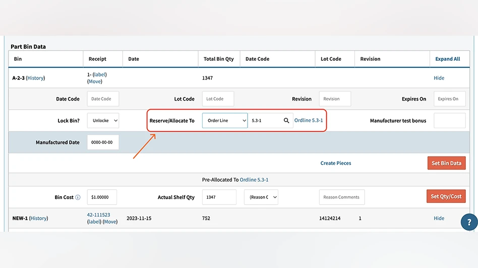 Cetec ERP's Part Waterfall (inventory forecast), highlighting the pre-allocation of On Hand inventory and On Order inventory being pre-allocated to specific orders and/or customers.